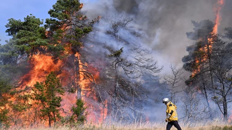 Un pompier mobilisé contre pour lutter contre un incendie dans le parc des Grands Causses, à Boyne (Aveyron), le 9 août 2022