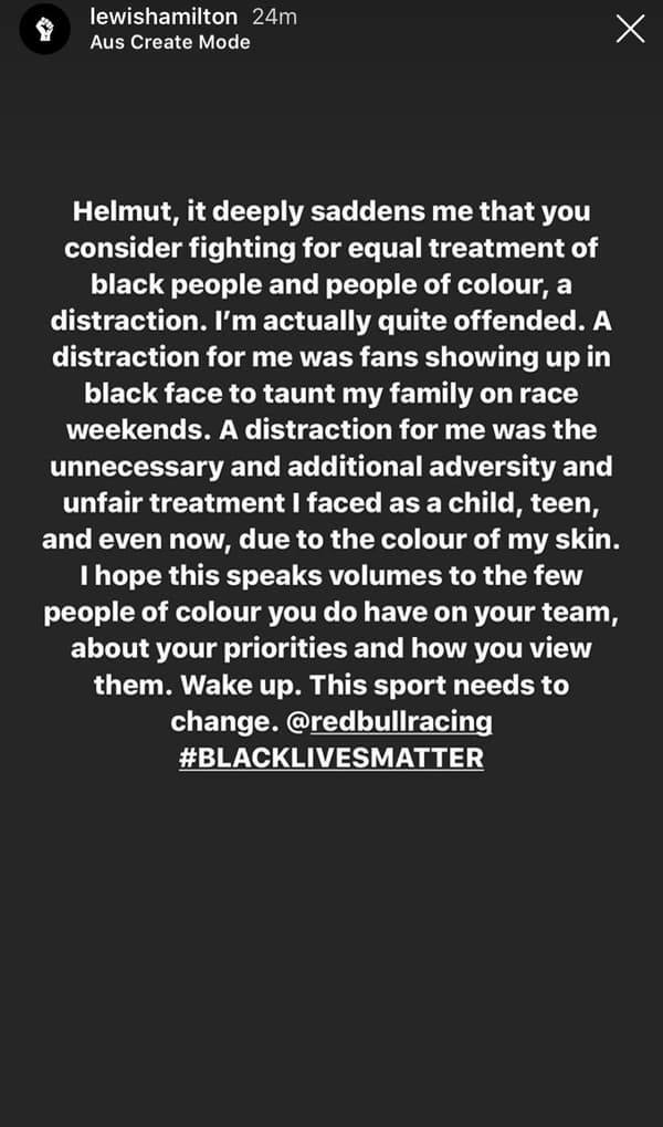 Le message de Lewis Hamilton publié sur Instagram. 