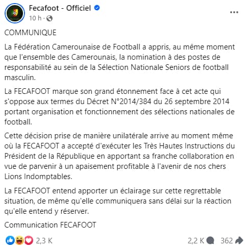 Le communiqué de la Fecafoot sur la nomination du sélectionneur Marc Brys