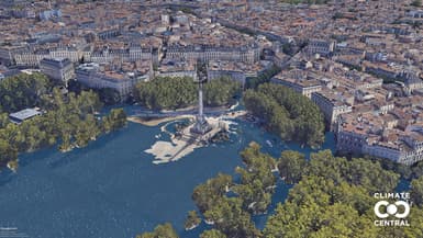 Une simulation de la place des Quinconces, à Bordeaux (Gironde) en cas de montée des eaux liés à un réchauffement de +3°C.