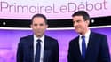 Benoît Hamon et Manuel Valls avant le débat dans un studio de télévision de la Plaine-Saint-Denis le 25 janvier 2017