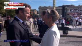 14-Juillet: Emmanuel Macron arrive place de la Concorde et est accueilli par la première Ministre