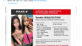 Sendes Boulfeltiou, 14 ans, a disparu depuis le vendredi 22 septembre à Hyères (Var). 