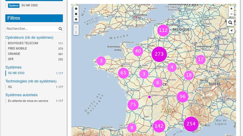 La carte de l'observatoire des réseaux mobiles de l'ANFR La carte de l'observatoire des réseaux mobiles de l'ANFR