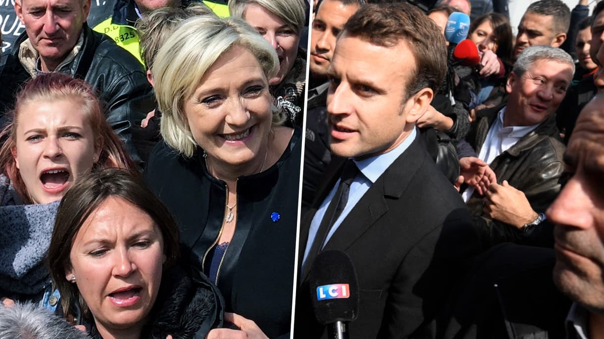 Marine Le Pen et Emmanuel Macron sur le site de Whirlpool à Amiens (Somme), le 26 avril 2017.