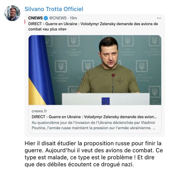 Capture d'écran de la chaîne Telegram de Silvano Trotta (publication du 9 mars 2022)