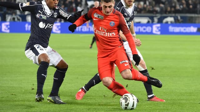 Lors de ses deux derniers matchs, le Parisien Marco Verratti (ici contre Bordeaux) portait des crampons sans logo.