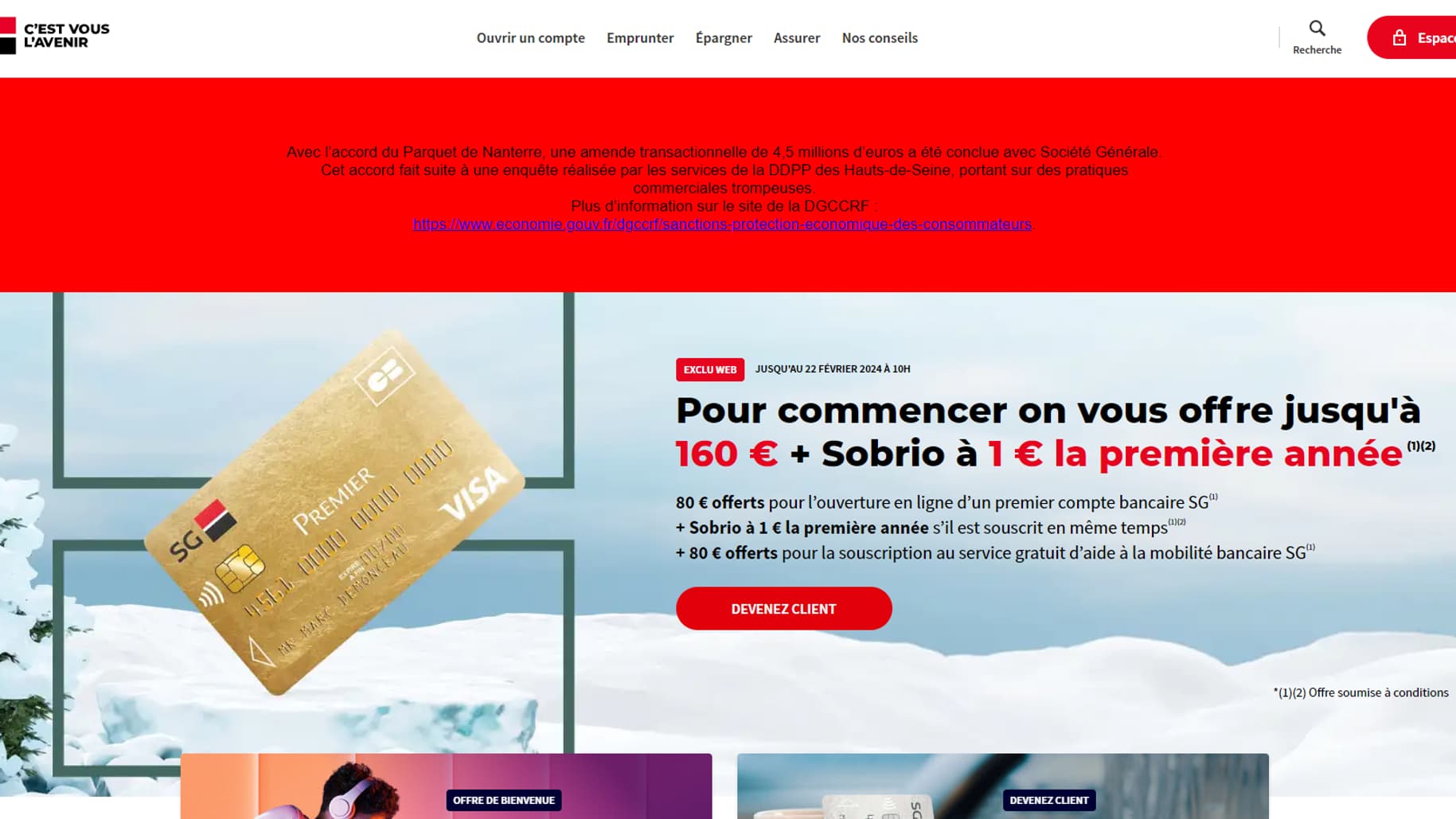 Page d'accueil du site de la Société générale, qui affiche un bandeau annonçant les 4,5 millions d'euros d'amende qu'elle a dû payer.