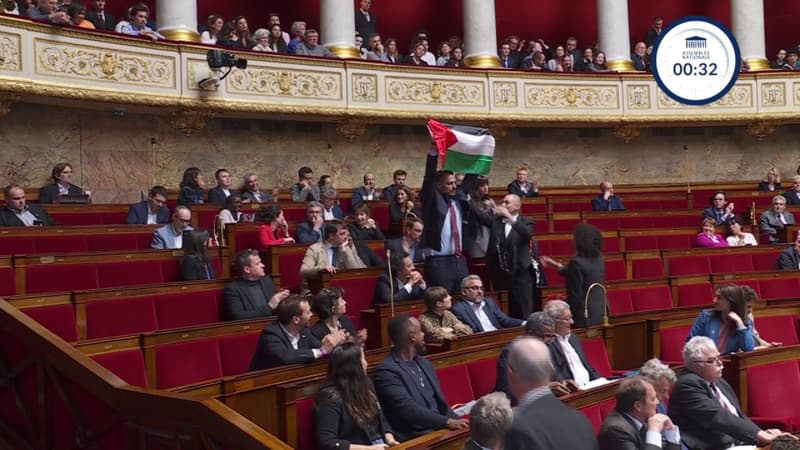 Assemblée nationale: le député LFI Sébastien Delogu brandit un drapeau palestinien lors des Questions au gouvernement