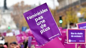 Une pancarte "féminicides, pas une de plus", lors d'une manifestation de Nous Toutes contre les violences sexistes et sexuelles à Paris, le 20 novembre 2021