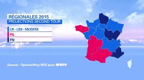 Une carte possible de la France au second tour malgré un grand nombre de régions où l'issue est très incertaine en raison de la volatilité du report de voix 