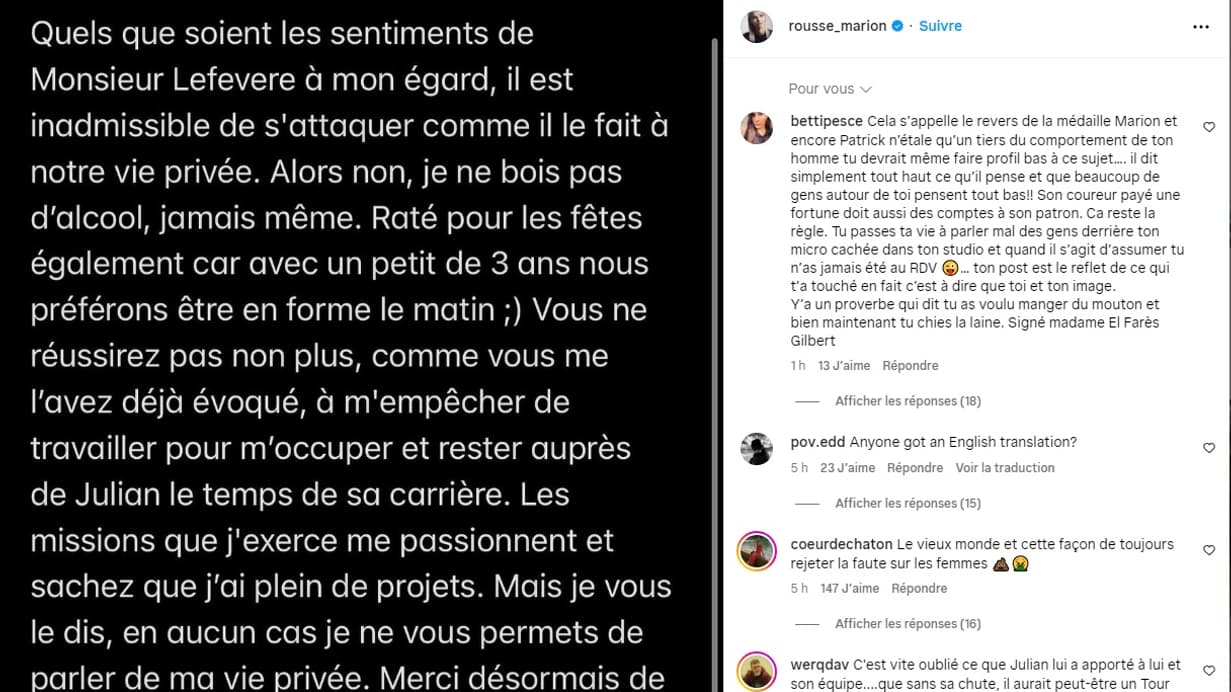 La réponse de Bettina Gilbert à Marion Rousse sur le réseau social Instagram