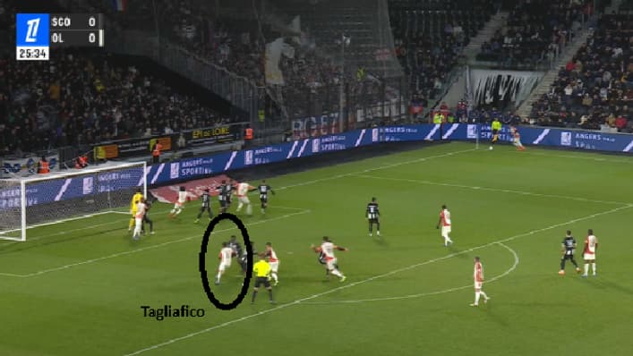 Nicolas Tagliafico marque sur corner lors d'Angers-OL, le 7 décembre 2024.