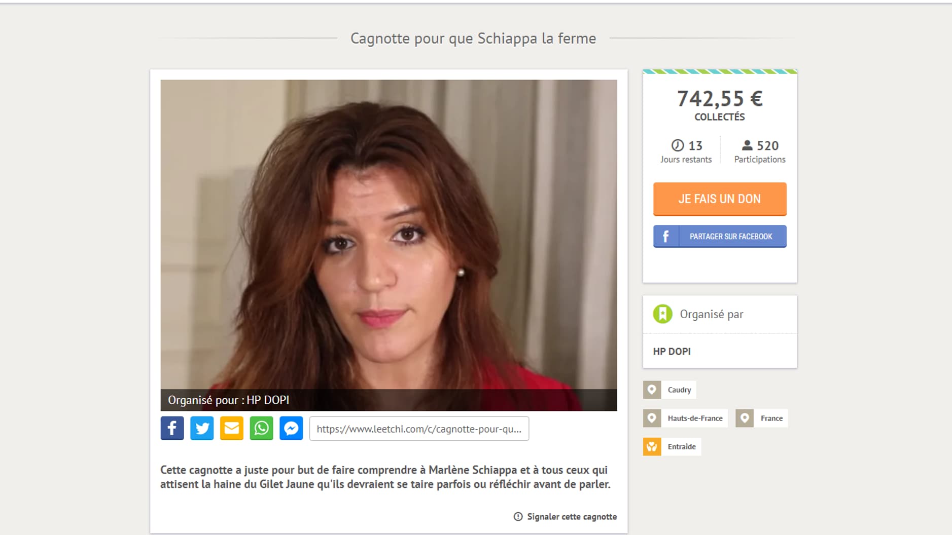 Capture d'écran de la cagnotte Leetchi mercredi 9 septembre à 13 heures