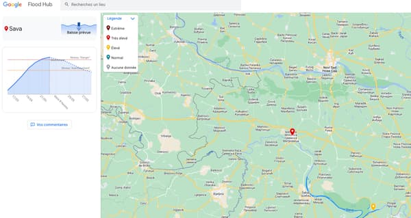 Exemple de la cartographie et de l'information fournie par Flood Hub pour prévenir des inondations. Exemple de la cartographie et de l'information fournie par Flood Hub pour prévenir des inondations.
