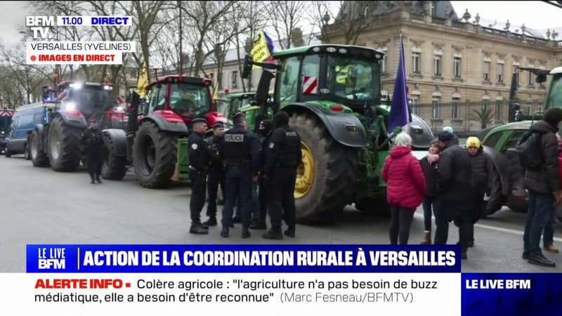 Colère agricole: plusieurs dizaines de tracteurs stationnés aux abords du Château de Versailles, face à la préfecture des Yvelines