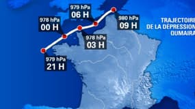 Trajectoire de la tempête Qumaira attendue à partir de 21h jusqu'à vendredi matin 9h sur le quart nord-ouest de la France