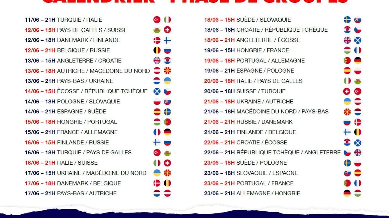Découvrez le calendrier complet des matchs de l'Euro Découvrez le calendrier complet des matchs de l'Euro