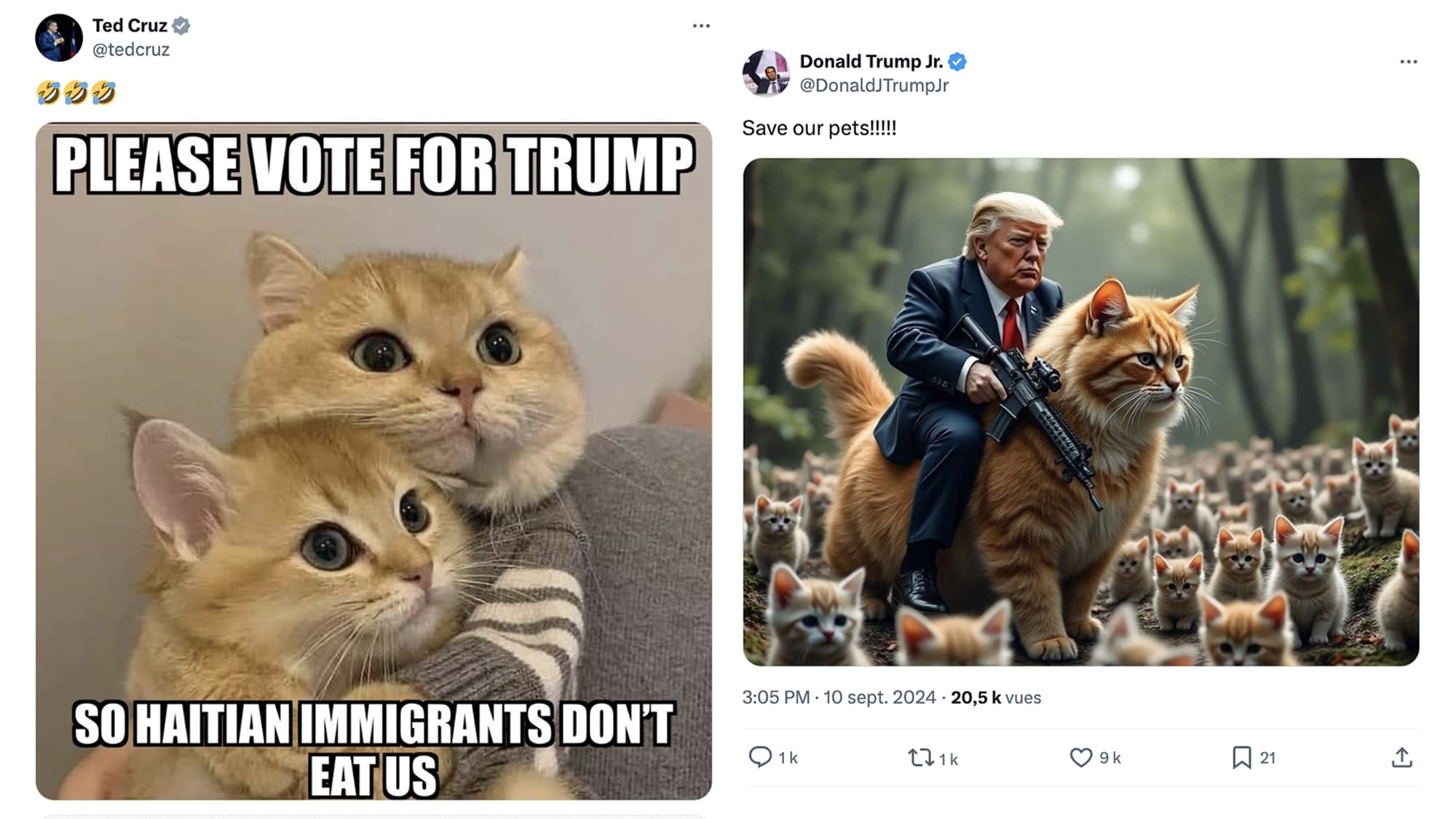 Captures d'écran de tweets publiés par Ted Cruz et Donald Trump Jr. Captures d'écran de tweets publiés par Ted Cruz et Donald Trump Jr.