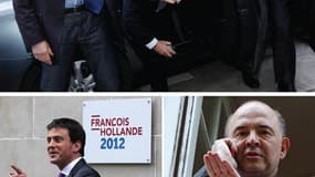François Hollande, Manuel Valls, Pierre Moscovici et Benoît Hamon au QG de campagne du président élu, à Paris. L'équipe socialiste s'est mise au travail dès lundi matin pour préparer les premières décisions et la constitution du premier gouvernement de ga