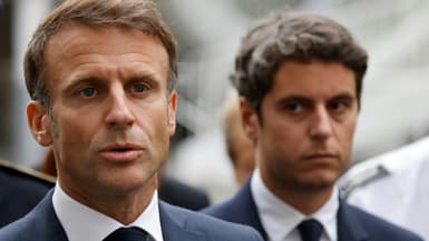 Le président Emmanuel Macron et le ministre de l'Education Gabriel Attal, le 13 octobre 2023 à Arras, dans le Pas-de-Calais