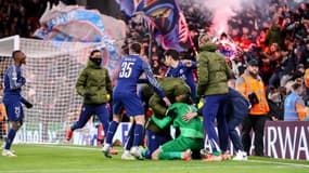 La joie des joueurs du PSG après leur qualification à Liverpool le 12 mars 2025