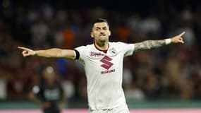 Nemanja Radonjic célèbre l'un de ses buts contre la Salernitana, le 18 septembre 2023