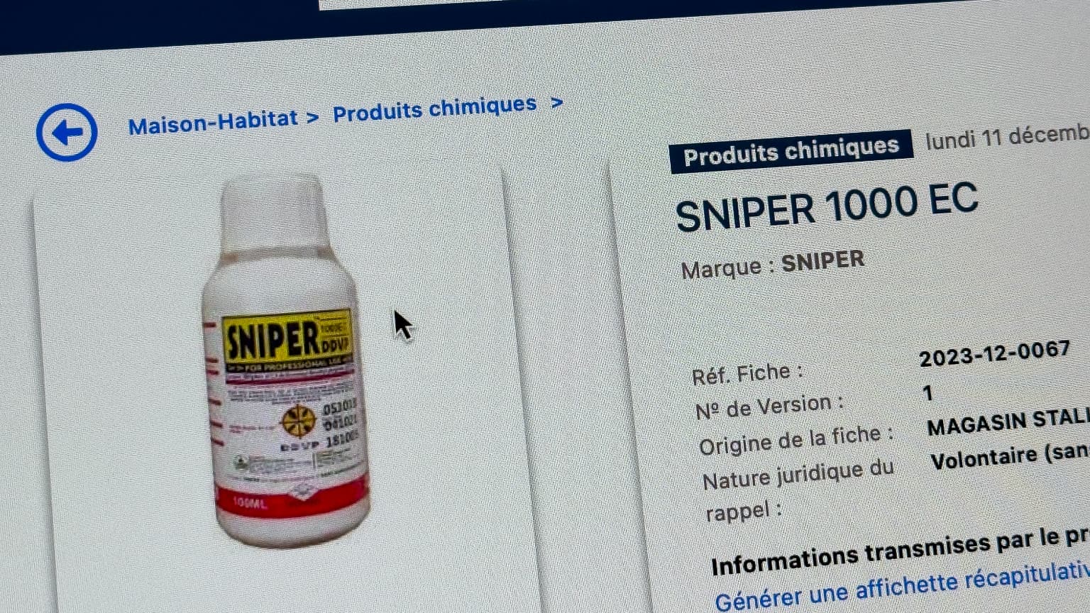 "PLUSIEURS CAS D'INTOXICATION" AU SNIPER 1000, UN INSECTICIDE INTERDIT, DANS LE VAL-D'OISE