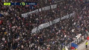 La banderole des supporters lyonnais pour Jean-Michel Aulas lors d'OL-Monaco, le 19 mai 2023.