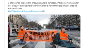 Le mouvement de militants du climat Riposte alimentaire (anciennement Dernière rénovation) a bloqué lundi matin pendant une heure l'avenue de la Grande-Armée à Paris dans un sens pour protester.