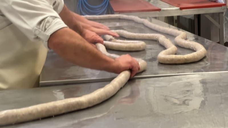 Le record du monde la plus grosse andouillette battu dans le Beaujolais, à Belleville-en-Beaujolais, le 20 octobre 2023.