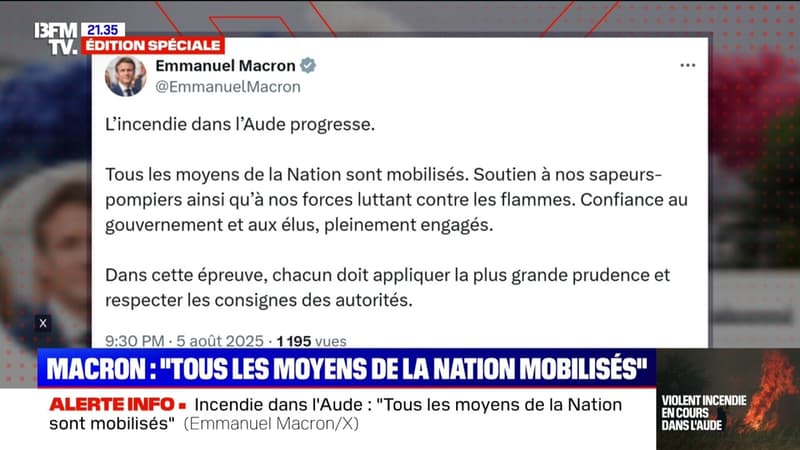 Incendie dans l'Aude: "Tous les moyens de la Nation sont mobilisés", déclare Emmanuel Macron, sur X thumbnail