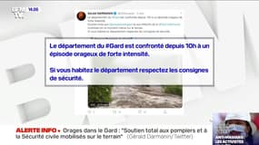 Orages dans le Gard: sur Twitter, Gérald Darmanin apporte un "soutien total aux pompiers et à la Sécurité civile mobilisés sur le terrain"