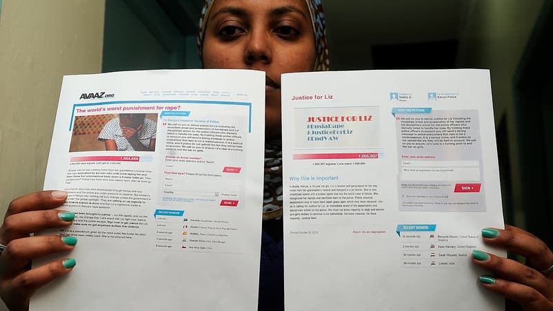 Une militante kényane des droits des femmes, Nebila Abdulmelik, montre la pétition qui a rassemblé un million de signatures en quelques heures.