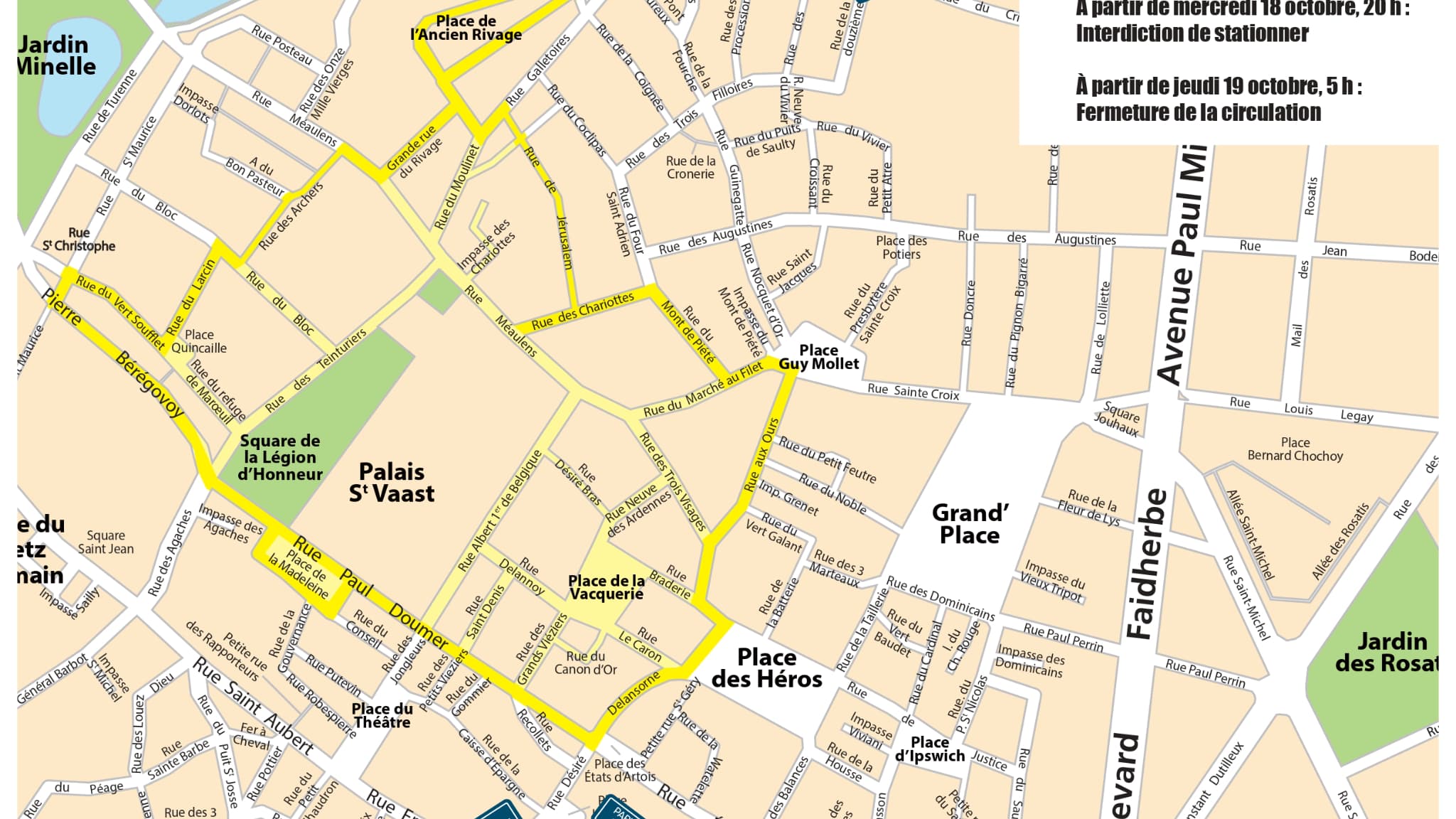 Le périmètre d'interdiction de stationnement et de circulation mis en place à Arras dès mercredi 18 octobre à 18 heures par la municipalité, en préparation des obsèques de Dominique Bernard. Le périmètre d'interdiction de stationnement et de circulation mis en place à Arras dès mercredi 18 octobre à 18 heures par la municipalité, en préparation des obsèques de Dominique Bernard.