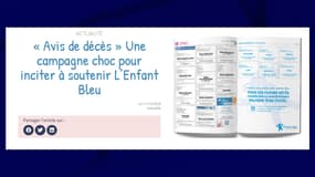 Capture d'écran du site Internet de l'association "L'Enfant Bleu". Présentation de la campagne de dons du 11 décembre 2024. Des décès d'enfant qui n'ont pas encore eu lieu sont annoncés dans la rubrique nécrologie de 47 titres de presse quotidienne régionale. 