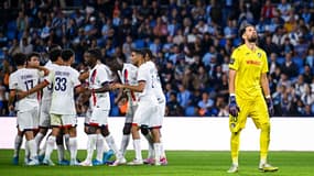 La célébration des joueurs du PSG lors du match de Ligue 1 face au Havre, le 16 août 2024