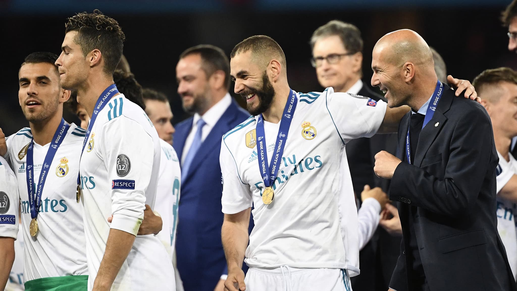 Zinedine Zidane avec Karim Benzema et Cristiano Ronaldo au Real Madrid en finale de la Ligue des champions 2018, à Kiev