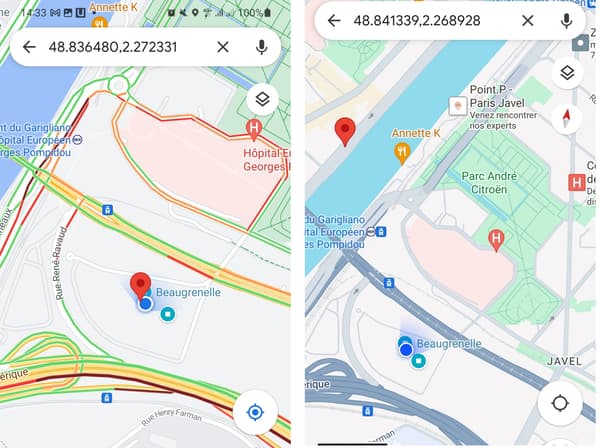 A gauche, la carte avec l'ancienne version de Google Maps. A droite, la carte avec la nouvelle mise à jour de Google Maps. 