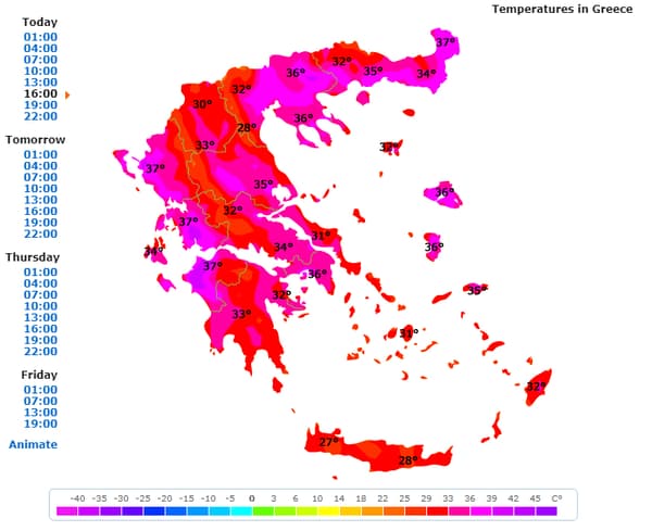 Carte des températures en Grèce mardi 22 août 2023.