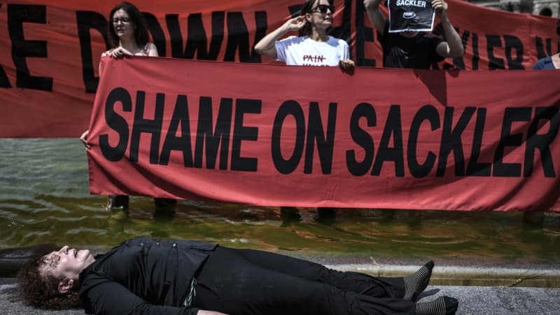 Des opposants à la famille Sackler devant le Louvre