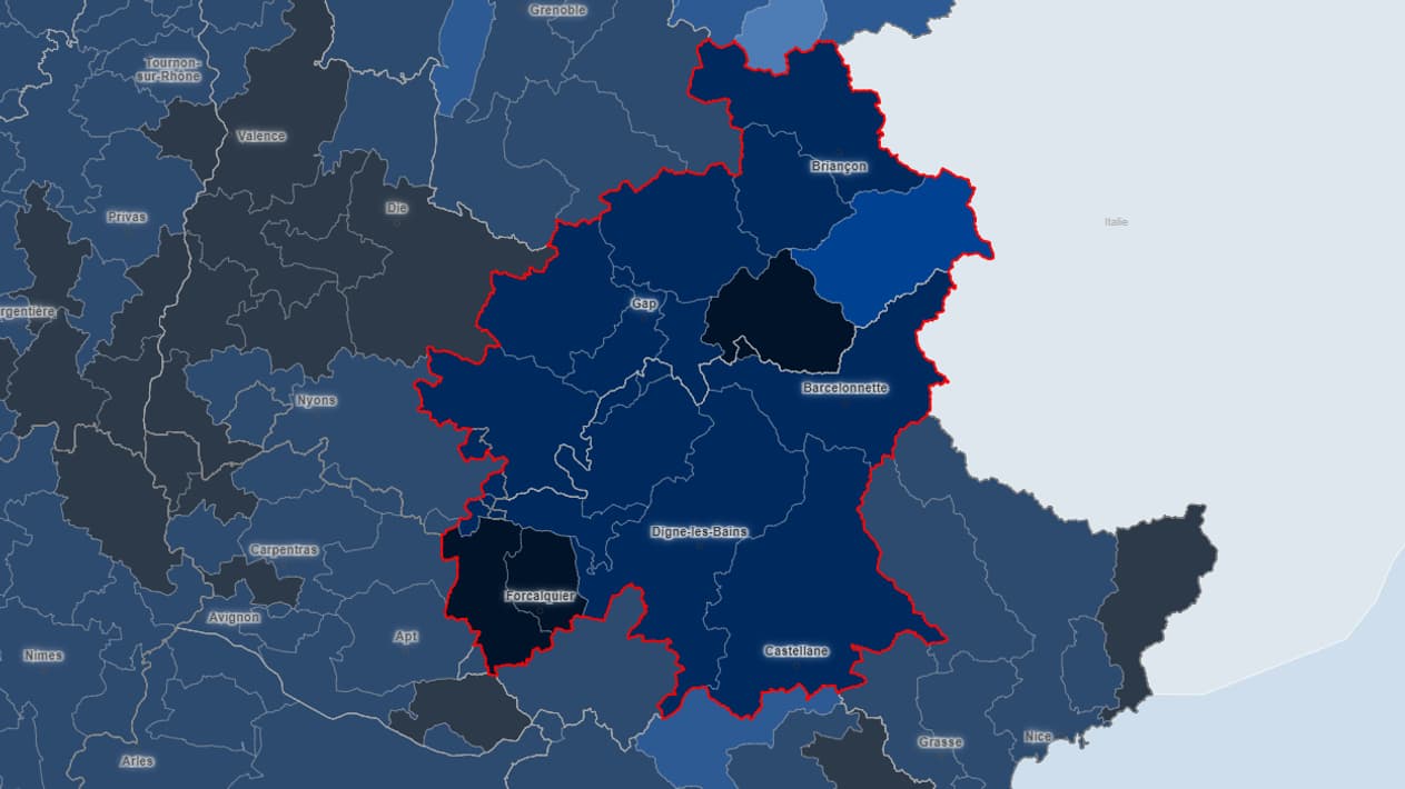 Le taux d'incidence dans les Alpes du Sud au 16 décembre, en bleu très foncé, les agglomérations supérieures à 1000 cas pour 100.000 habitants