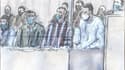 (g-d) Osama Krayem, Mohamed Abrini, Mohamed Amri et Salah Abdeslam à la cour d'assise spéciale de Paris lors du procès des attentats de 13-novembre 2015 