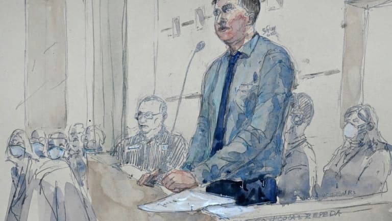 Croquis d'audience montrant le Chilien Nicolas Zepeda devant la cour d'assises du Doubs, le 29 mars 2022 à Besançon