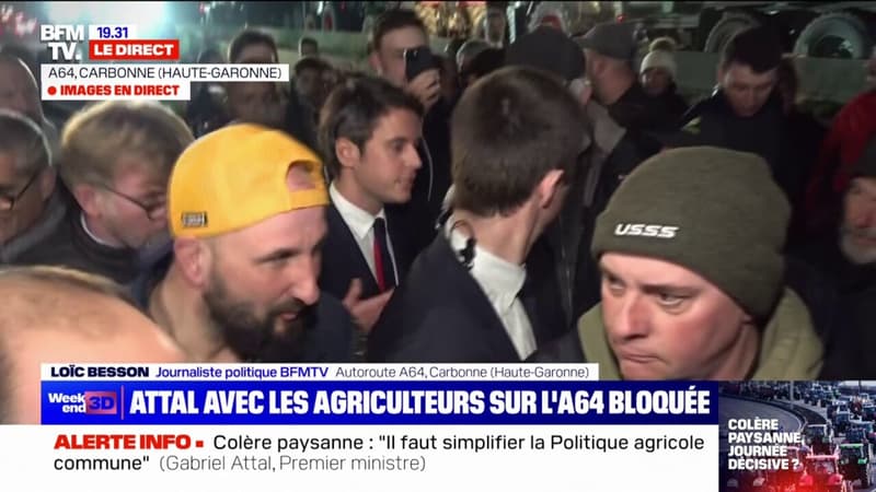 Mobilisation des agriculteurs: Gabriel Attal est arrivé sur le point de blocage de l'autoroute A64 au niveau de Carbonne (Haute-Garonne)