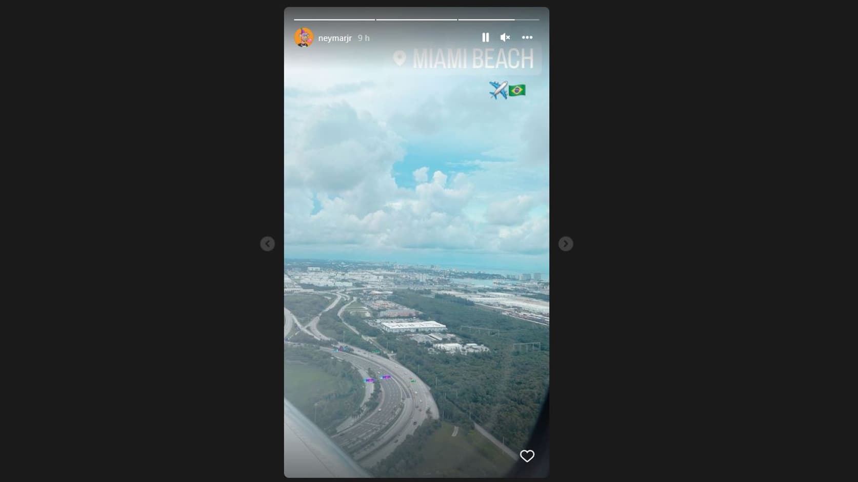 La story publiée par Neymar sur Instagram après son décollage de Miami, lundi La story publiée par Neymar sur Instagram après son décollage de Miami, lundi