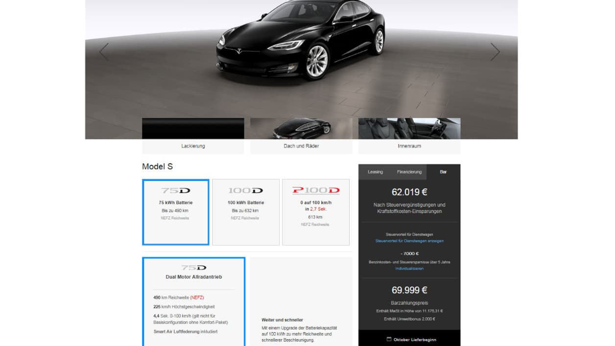 Sur le site officiel de Tesla en version allemande, la Model S la moins chère est affichée à 69.999 euros mais la marque évoque toujours la prime environnementale potentielle de 2000 euros.