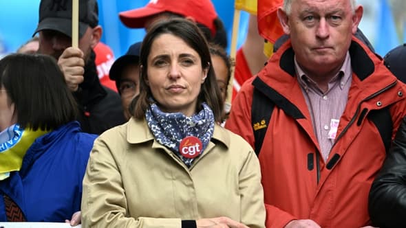 La secrétaire générale de la CGT Sophie Binet participe à Paris à la manifestation pour la Fête du travail, le 1er mai 2023