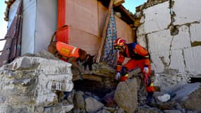 Un sauveteur fouille une maison à la recherche de survivants accompagné d'un chien de sauvetage après le tremblement de terre dans le canton de Cuoguo, à Shigatse, dans la région du Tibet (sud-ouest de la Chine), le 8 janvier 2025.