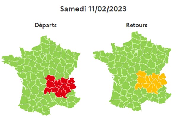 La journée est classée rouge dans le sens des départs en Auvergne-Rhône-Alpes, jaune dans le sens des retours.